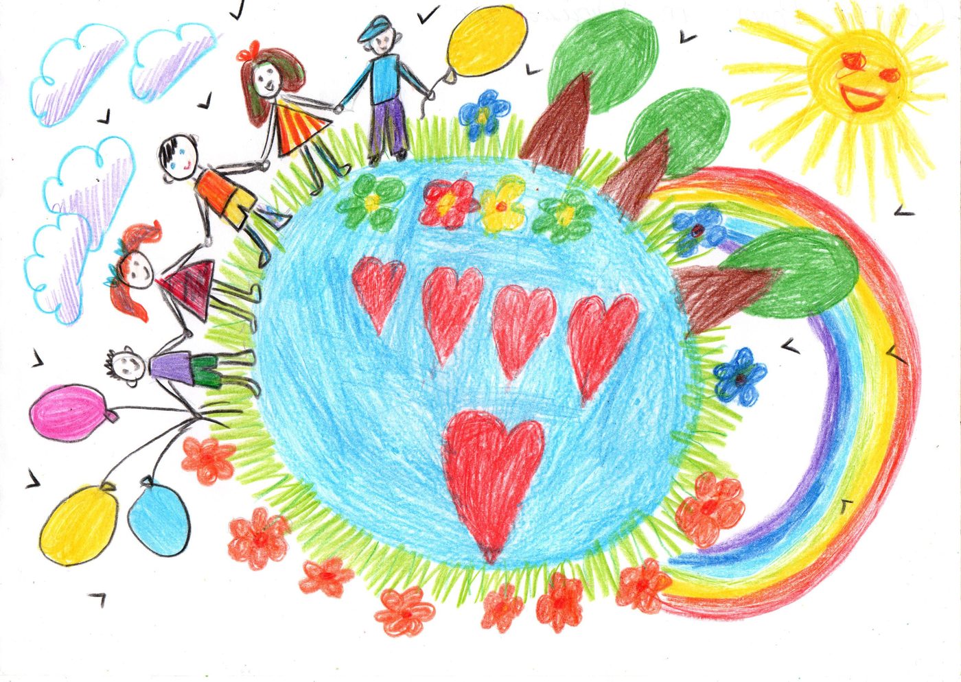 子どもが描いた、ハートでいっぱいの地球と虹の絵