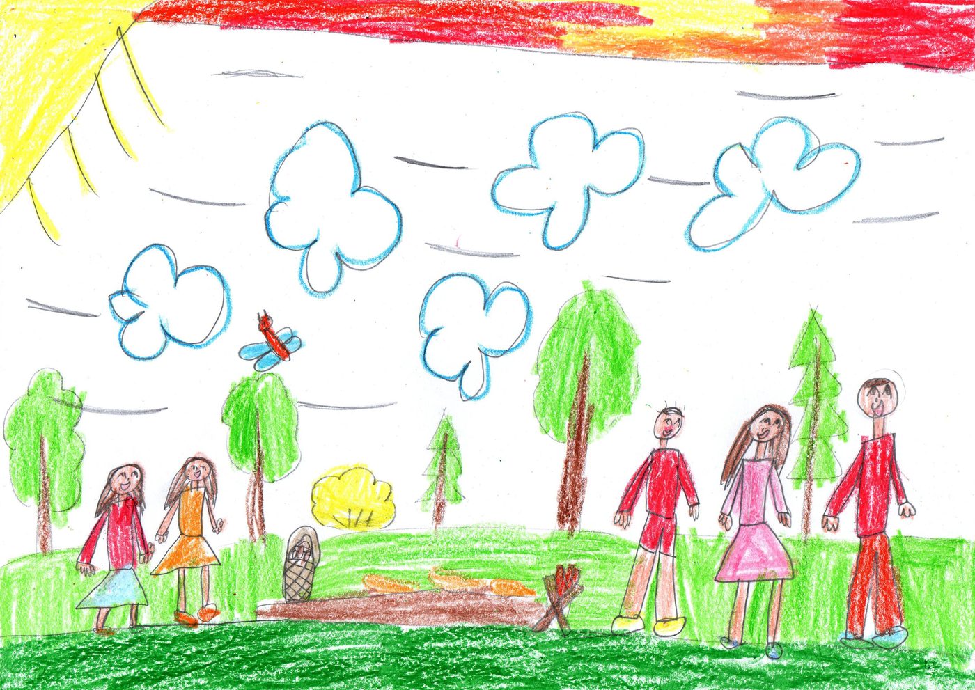 子どもが描いた、家族と木と花の絵